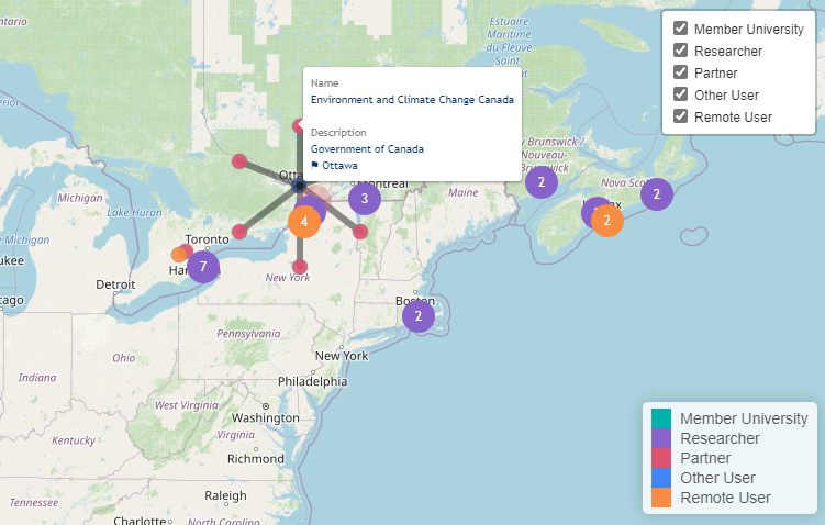 Each color on this map represents a different membership category within the research community